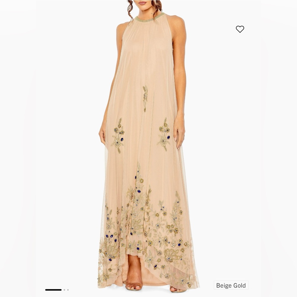 Elegant Beige Gold Embroidered Maxi Dress